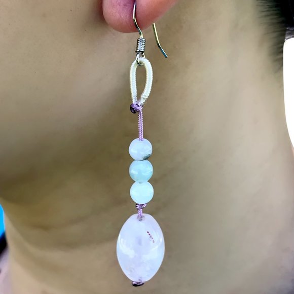 Elegant Oblong Rose Quartz Gemstone Earrings - Picture 3 of 3